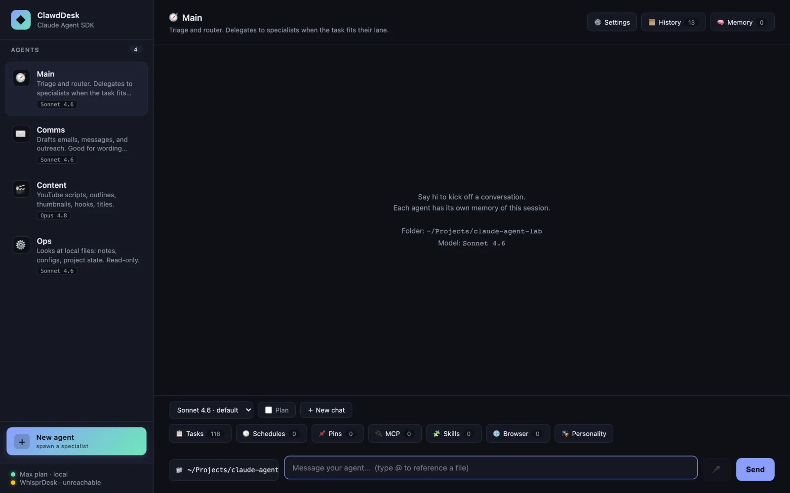 The Clawddesk command desk: agent sidebar, streaming chat, and the tool-use trace.